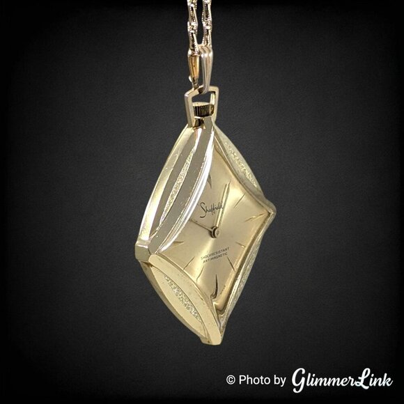 Vintage Sheffield Swiss Made Gold Tone Diamond Shape Pendant Watch Necklace - Picture 6 of 10
